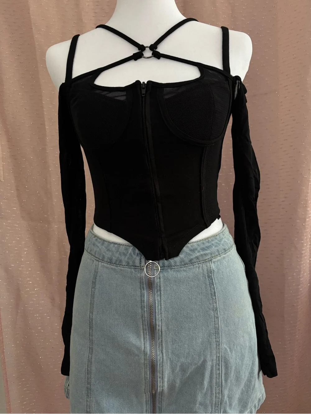 Black Strappy Corset Top with Mesh Sleeves
